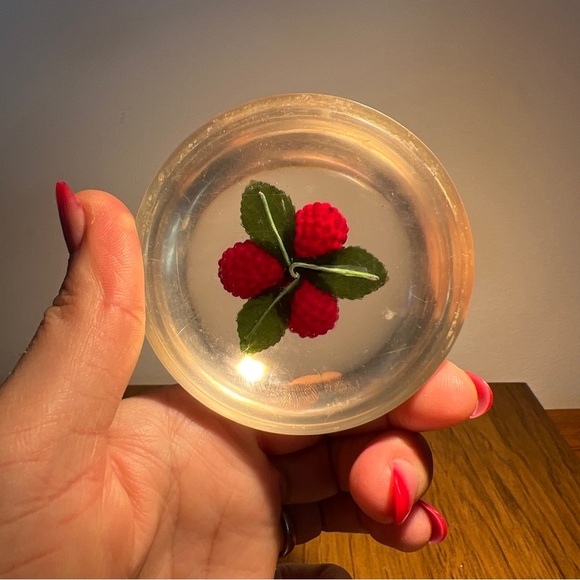 VTG Acrylic Resin Lucite Round Paperweight Red Raspberry Leaves - Picture 2 of 9